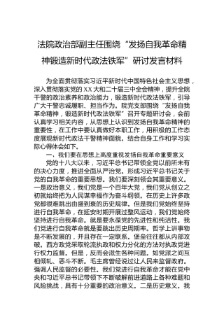 法院政治部副主任围绕“发扬自我革命精神锻造新时代政法铁军”研讨发言材料