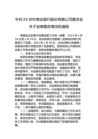 中共XX农村商业银行股份有限公司委员会关于巡察整改情况的通报