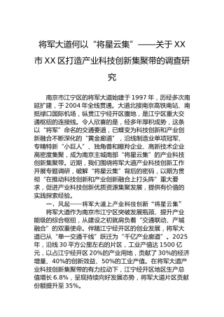 将军大道何以“将星云集”——关于XX市XX区打造产业科技创新集聚带的调查研究