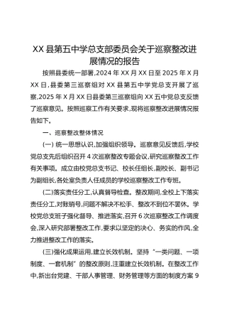 XX县第五中学总支部委员会关于巡察整改进展情况的报告