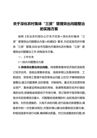 关于深化农村集体“三资”管理突出问题整治的实施方案