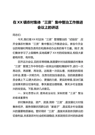 在XX镇农村集体“三资”集中整治工作推进会议上的讲话