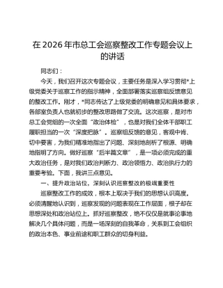 在2026年市总工会巡察整改工作专题会议上的讲话