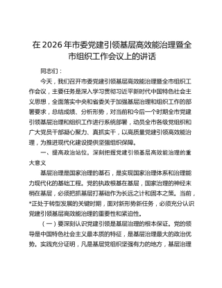 在2026年市委党建引领基层高效能治理暨全市组织工作会议上的讲话