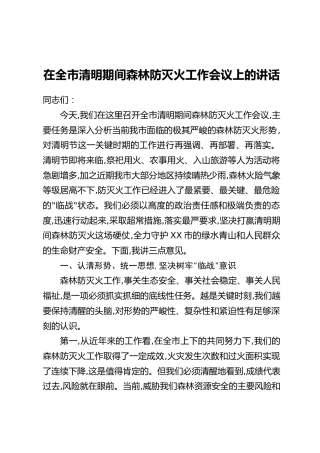 在全市清明期间森林防灭火工作会议上的讲话