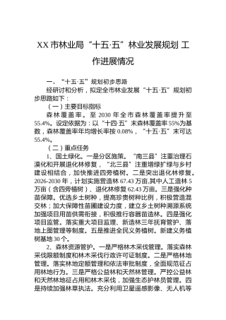 XX市林业局“十五·五”林业发展规划工作进展情况