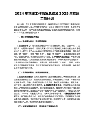 2024年党建工作情况总结及2025年党建工作计划