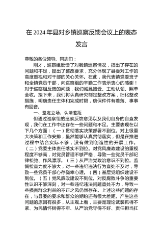 在2024年县对乡镇巡察反馈会议上的表态发言