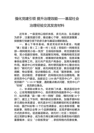 强化党建引领提升治理效能——基层社会治理经验交流发言材料