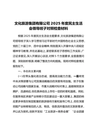文化旅游集团有限公司2025年度民主生活会领导班子对照检查材料