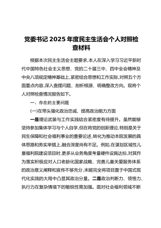 党委书记2025年度民主生活会个人对照检查材料