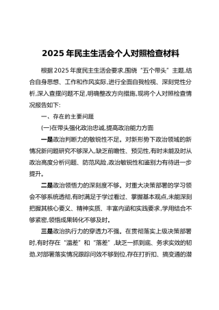 2025年民主生活会个人对照检查材料