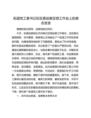 街道党工委书记在区委巡察反馈工作会上的表态发言