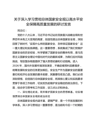 关于深入学习贯彻总体国家安全观以高水平安全保障高质量发展的研讨发言