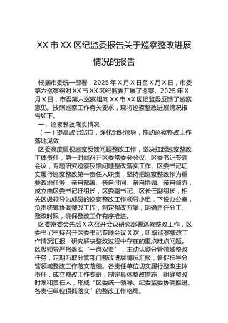 XX市XX区纪监委报告关于巡察整改进展情况的报告