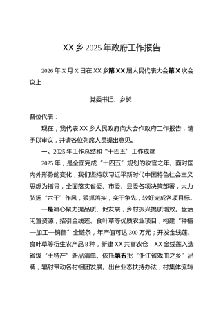 XX乡2025年政府工作报告