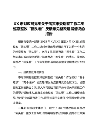 XX市财政局党组关于落实市委巡察工作二组巡察整改“回头看”反馈意见整改进展情况的报告