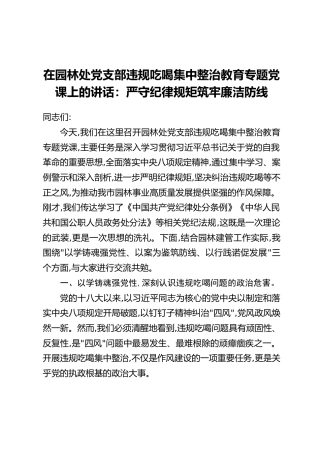 在园林处党支部违规吃喝集中整治教育专题党课上的讲话：严守纪律规矩筑牢廉洁防线（1）