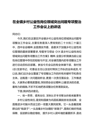 在全镇乡村公益性岗位领域突出问题专项整治工作会议上的讲话