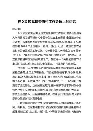 在XX区党建暨农村工作会议上的讲话