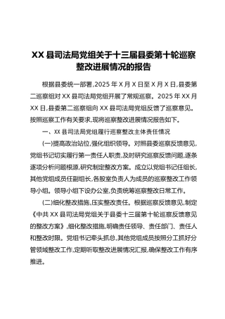 XX县司法局党组关于十三届县委第十轮巡察整改进展情况的报告