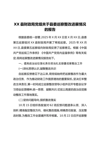 XX县财政局党组关于县委巡察整改进展情况的报告