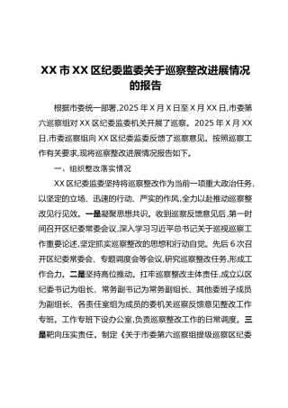XX市XX区纪委监委关于巡察整改进展情况的报告