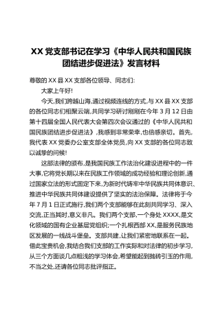 XX党支部书记在学习《中华人民共和国民族团结进步促进法》发言材料