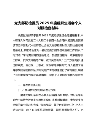 党支部纪检委员2025年度组织生活会个人对照检查材料(2)