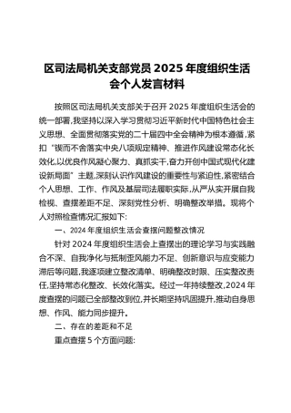 区司法局机关支部党员2025年度组织生活会个人发言材料