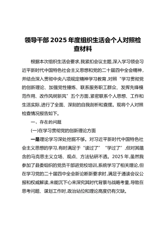 领导干部2025年度组织生活会个人对照检查材料