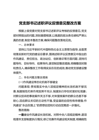 党支部书记述职评议反馈意见整改方案
