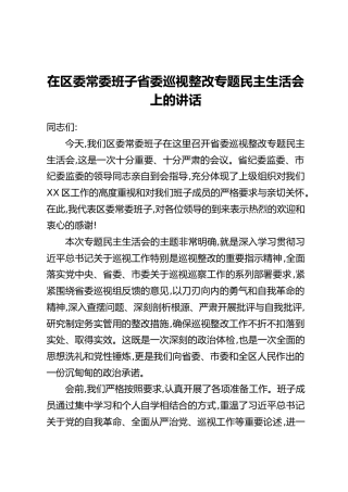 在区委常委班子省委巡视整改专题民主生活会上的讲话