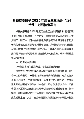 乡镇党委班子2025年度民主生活会“五个带头”对照检查发言_1