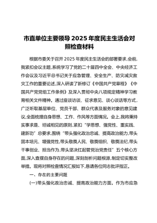 市直单位主要领导2025年度民主生活会对照检查材料