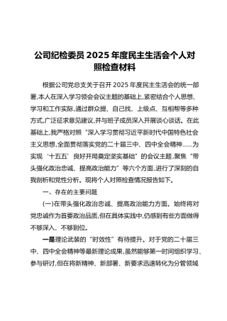 公司纪检委员2025年度民主生活会个人对照检查材料