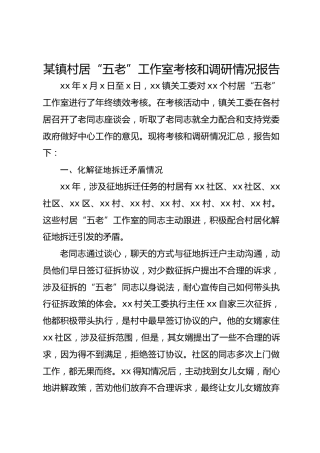 某镇村居“五老”工作室考核和调研情况报告