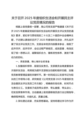 关于召开2025年度组织生活会和开展民主评议党员情况的报告