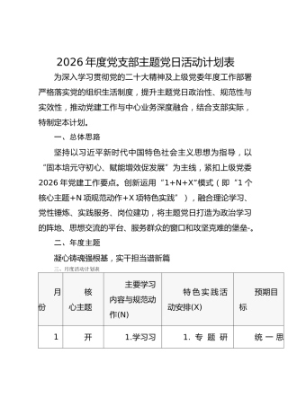 2026年度党支部主题党日活动计划表