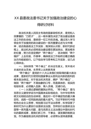 XX县委政法委书记关于加强政治建设的心得研讨材料