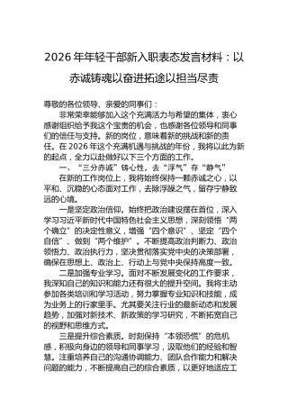 2026年年轻干部新入职表态发言材料：以赤诚铸魂以奋进拓途以担当尽责