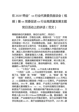 在2026“两会”xx行业代表委员座谈会（视频）暨xx党委促进xx行业高质量发展主题党日活动上的讲话（范文）