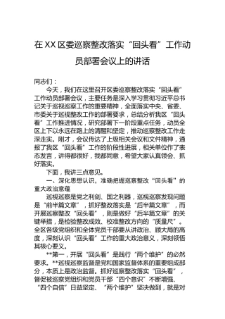 在XX区委巡察整改落实“回头看”工作动员部署会议上的讲话