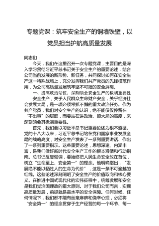 专题党课：筑牢安全生产的铜墙铁壁，以党员担当护航高质量发展