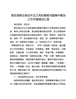 某区局群众身边不正之风和腐败问题集中整治工作开展情况汇报