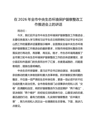 在2026年全市中央生态环境保护督察整改工作推进会上的讲话