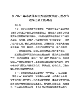 在2026年市委落实省委巡视反馈意见整改专题推进会上的讲话