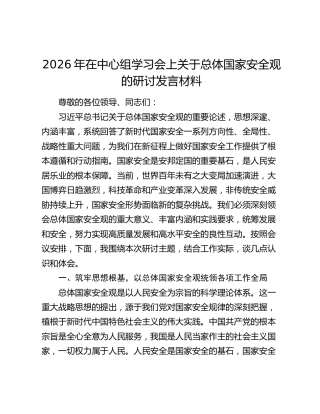 2026年在中心组学习会上关于总体国家安全观的研讨发言材料