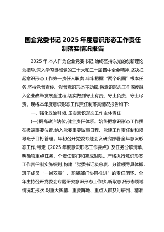 国企党委书记2025年度意识形态工作责任制落实情况报告（2）