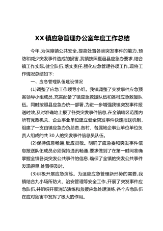 XX镇应急管理办公室年度工作总结